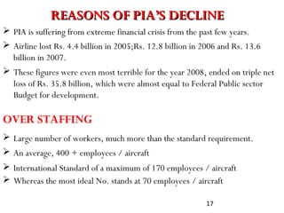 17
REASONS OF PIA’S DECLINEREASONS OF PIA’S DECLINE
 PIA is suffering from extreme financial crisis from the past few years.
 Large number of workers, much more than the standard requirement.
 Airline lost Rs. 4.4 billion in 2005;Rs. 12.8 billion in 2006 and Rs. 13.6
billion in 2007.
 These figures were even most terrible for the year 2008, ended on triple net
loss of Rs. 35.8 billion, which were almost equal to Federal Public sector
Budget for development.
OVER STAFFING
 An average, 400 + employees / aircraft
 International Standard of a maximum of 170 employees / aircraft
 Whereas the most ideal No. stands at 70 employees / aircraft
 