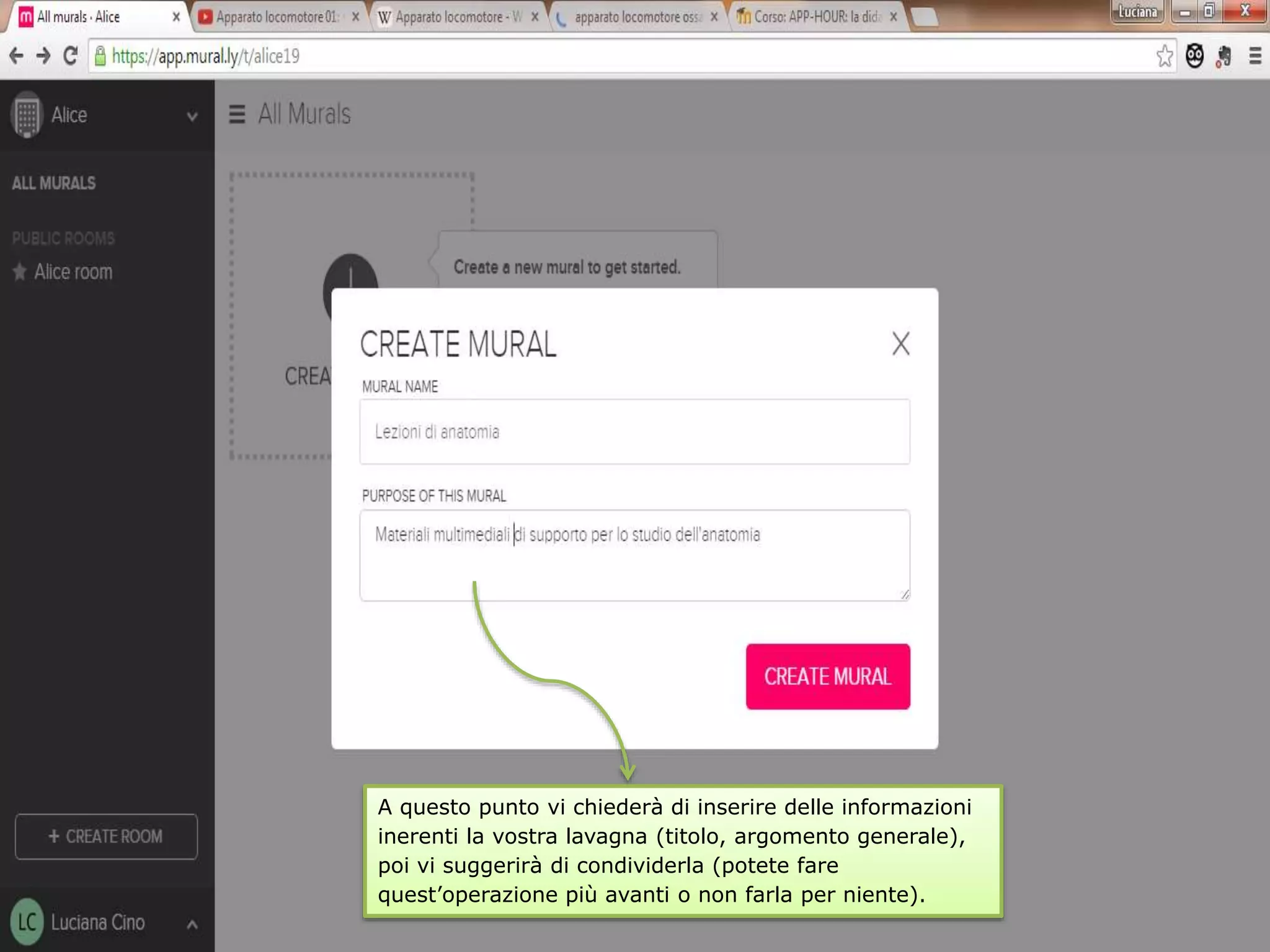 A questo punto vi chiederà di inserire delle informazioni
inerenti la vostra lavagna (titolo, argomento generale),
poi vi suggerirà di condividerla (potete fare
quest’operazione più avanti o non farla per niente).
 