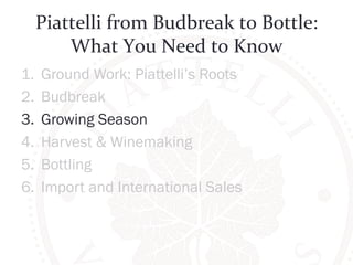Piattelli 
from 
Budbreak 
to 
Bottle: 
What 
You 
Need 
to 
Know 
1. Ground Work: Piattelli’s Roots 
2. Budbreak 
3. Growing Season 
4. Harvest & Winemaking 
5. Bottling 
6. Import and International Sales 
 