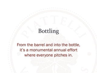 Bottling 
From the barrel and into the bottle, 
it’s a monumental annual effort 
where everyone pitches in. 
 