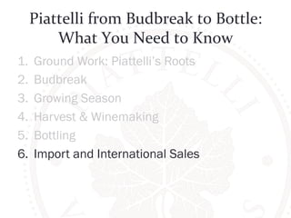 Piattelli 
from 
Budbreak 
to 
Bottle: 
What 
You 
Need 
to 
Know 
1. Ground Work: Piattelli’s Roots 
2. Budbreak 
3. Growing Season 
4. Harvest & Winemaking 
5. Bottling 
6. Import and International Sales 
 