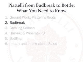 Piattelli 
from 
Budbreak 
to 
Bottle: 
What 
You 
Need 
to 
Know 
1. Ground Work: Piattelli’s Roots 
2. Budbreak 
3. Growing Season 
4. Harvest & Winemaking 
5. Bottling 
6. Import and International Sales 
 