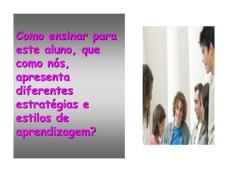 Como ensinar para
este aluno, que
como nós,
apresenta
diferentes
estratégias e
estilos de
aprendizagem?
 