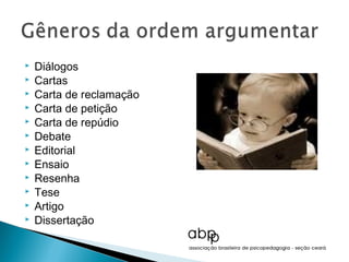    Diálogos
   Cartas
   Carta de reclamação
   Carta de petição
   Carta de repúdio
   Debate
   Editorial
   Ensaio
   Resenha
   Tese
   Artigo
   Dissertação
 
