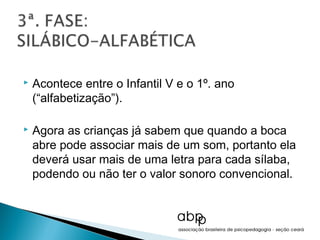    Acontece entre o Infantil V e o 1º. ano
    (“alfabetização”).

   Agora as crianças já sabem que quando a boca
    abre pode associar mais de um som, portanto ela
    deverá usar mais de uma letra para cada sílaba,
    podendo ou não ter o valor sonoro convencional.
 