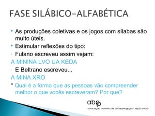  As produções coletivas e os jogos com sílabas são
  muito úteis.
 Estimular reflexões do tipo:

- Fulano escreveu assim vejam:

A MININA LVO UA KEDA
- E Beltrano escreveu...

A MINA XRO
* Qual é a forma que as pessoas vão compreender
  melhor o que vocês escreveram? Por que?
 