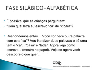    É possível que as crianças perguntem:
-   “Com qual letra eu escrevo “ca” de “xícara”?

   Respondemos então... “você conhece outra palavra
    com este “ca”? Vou lhe dizer duas palavras e só uma
    tem o “ca”... “casa” e “fada”. Agora veja como
    escreve... (mostra no papel). Veja se agora você
    descobre o que quer...
 