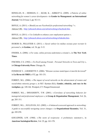   73
DONELAN, H. ; HERMAN, C. ; KEAR, K. ; KIRKUP G. (2009). « Patterns of online
networking for women’s career development » in Gender in Management: an International
Journal, Vol.24 Issue 2, pp. 92-111.
DOYLE, A. (2011). « Should you use Facebook for professional networking ? ».
Adresse URL : http://jobscarch.about.com/od/networking/a/facebook.htm.
DOYLE, A. (2011). « Use Linkedln to enhance your employment options ».
Adresse URL : http://jobsearch.about.com/od/networking/a/linkedin.htm.
DUBOIS D., PELLETIER E. (2011). « Savoir utiliser les médias sociaux pour recruter le
personnel », in Gestion, vol. 36, pp. 5-15.
FINDER, A. (2006). « For some, online persona undermines a résumé », in The New York
Times.
FISCHER, C.S. (1982). « To Dwell among Friends : Personal Networks in Town and City »,
in Chicago University Press. Chicago, IL.
FONDEUR Y. ; LHERMITTE F. (2006). "Réseaux sociaux numériques et marché du travail"
in La Revue de l'IRES, n°52, pp. 101-131.
FORRET, M.L. (2006). « The impact of social networks on the advancement of women and
racial/ethnic minority groups », in M.F. Karsten (Ed.), Gender, ethnicity, and race in the
workplace, pp. 149-166. Westport, CT: Praeger/Greenwood.
FORRET, M.L. ; DOUGHERTY, T.W. (2001). « Correlates of networking behavior for
managerial and professional employees », in Group & Organization Management, Vol. 26,
pp. 283–311.
FORRET, M.L. ; SULLIVAN, S.E. (2002). « A balanced scorecard approach to networking:
A guide to successfully navigating career changes » in Organizational Dynamics, Vol. 31,
pp. 245-258.
GOULDNER, A.W. (1960). « The norm of reciprocity: A preliminary statement », in
American Sociological Review, Vol. 25, pp. 161-178.
 