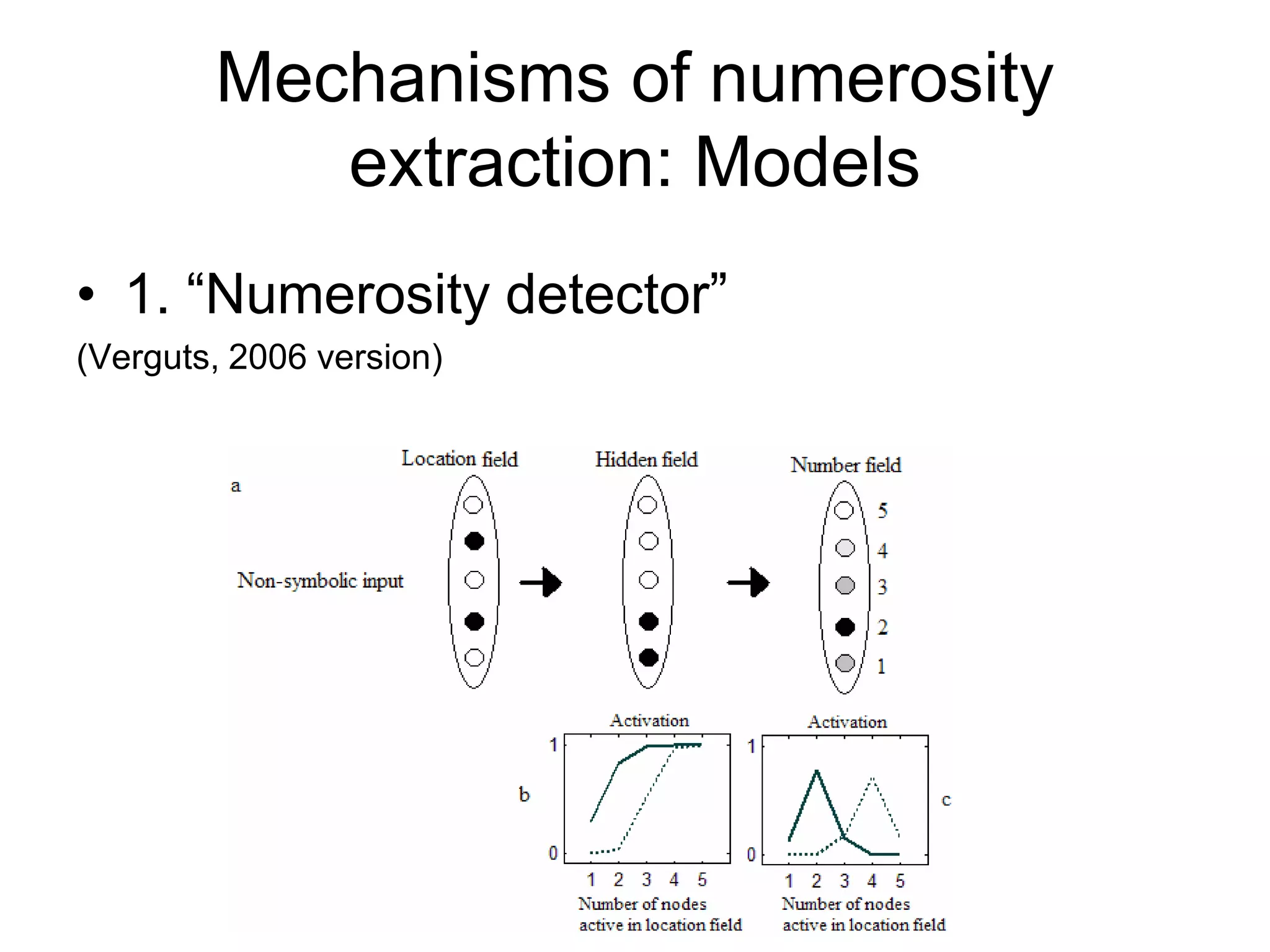 Mechanisms of numerosity
           extraction: Models
• 1. “Numerosity detector”
(Verguts, 2006 version)
 
