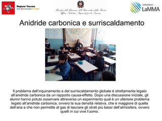 Anidride carbonica e surriscaldamento
Il problema dell’inquinamento e del surriscaldamento globale è strettamente legato
all’anidride carbonica da un rapporto causa-effetto. Dopo una discussione iniziale, gli
alunni hanno potuto osservare attraverso un esperimento qual è un ulteriore problema
legato all’anidride carbonica, ovvero la sua densità relativa, che è maggiore di quella
dell’aria e che non permette al gas di lasciare gli strati più bassi dell’atmosfera, ovvero
quelli in cui vive l’uomo.
 