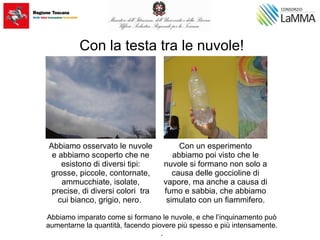 Con la testa tra le nuvole!
Abbiamo imparato come si formano le nuvole, e che l’inquinamento può
aumentarne la quantità, facendo piovere più spesso e più intensamente.
.
Abbiamo osservato le nuvole
e abbiamo scoperto che ne
esistono di diversi tipi:
grosse, piccole, contornate,
ammucchiate, isolate,
precise, di diversi colori tra
cui bianco, grigio, nero.
Con un esperimento
abbiamo poi visto che le
nuvole si formano non solo a
causa delle goccioline di
vapore, ma anche a causa di
fumo e sabbia, che abbiamo
simulato con un fiammifero.
 