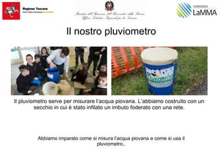 Il nostro pluviometro
Abbiamo imparato come si misura l’acqua piovana e come si usa il
pluviometro..
Il pluviometro serve per misurare l’acqua piovana. L’abbiamo costruito con un
secchio in cui è stato infilato un imbuto foderato con una rete.
 
