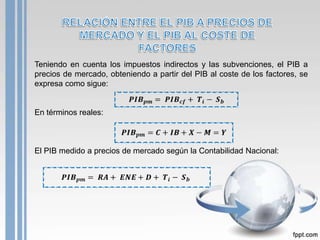 Teniendo en cuenta los impuestos indirectos y las subvenciones, el PIB a
precios de mercado, obteniendo a partir del PIB al coste de los factores, se
expresa como sigue:


En términos reales:



El PIB medido a precios de mercado según la Contabilidad Nacional:
 