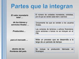 El valor monetario    El número de unidades monetarias, córdobas,
       total …         por el que se vende cada bien o servicio


   de los bienes y     Únicamente los que se venden a los usuarios
 servicios finales …   finales.

                       Las compras de terrenos o activos financieros
   Producidos…         como acciones o bonos no se incluyen en el
                       PIB.


para el mercado ...    Mide un proceso que se desarrolla a lo
                       largo de un periodo de tiempo


   dentro de las       Se incluye    la   producción   fabricada   en
fronteras del país.    Nicaragua.
 
