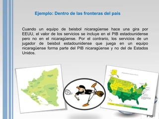 Ejemplo: Dentro de las fronteras del país


Cuando un equipo de beisbol nicaragüense hace una gira por
EEUU, el valor de los servicios se incluye en el PIB estadounidense
pero no en el nicaragüense. Por el contrario, los servicios de un
jugador de beisbol estadounidense que juega en un equipo
nicaragüense forma parte del PIB nicaragüense y no del de Estados
Unidos.




                                                                  PIB
 