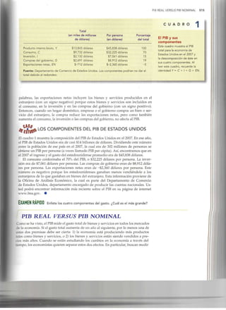 PIB REAL VERSUS PIB NOMINAL 515
Producto interno bruto, Y
Consumo, C
Inversión, /
Compras del gobierno, G
Exportaciones netas, EN
Total
(en miles de millones
de dólares)
$13,843 dólares
$9,732 dólares
$2,132 dólares
$2,691 dólares
$-712 dólares
Por persona
(endólares)
$45,838 dólares
$32,225 dólares
$7,061 dólares
$8,912 dólares
$-2,360 dólares
Porcentaje
del total
100
70
15
19
-5
Fuente: Departamento de Comercio de Estados Unidos. Los componentes podrían no dar el
total debido al redondeo.
C U A D R O
El PIB y sus
componentes
Este cuadro muestra el PIB
total para la economía de
Estados Unidos en el 2007 y
la descomposición de éste en
sus cuatro componentes. Al
leer este cuadro, recuerde la
identidad Y = C + I + C + EN.
palabras, las exportaciones netas incluyen los bienes y servicios producidos en el
extranjero (con un signo negativo) porque estos bienes y servicios son incluidos en
el consumo, en la inversión y en las compras del gobierno (con un signo positivo).
Entonces, cuando un hogar doméstico, empresa o el gobierno compra un bien o ser-
vicio del extranjero, la compra reduce las exportaciones netas, pero como también
aumenta el consumo, la inversión o las compras del gobierno, no afecta alPIB.
LOS COMPONENTES DEL PIB DE
ESTADOS UNIDOS
El cuadro 1 muestra la composición del PIBde Estados Unidos en el 2007. En ese año,
el PIB de Estados Unidos era de casi $14billones de dólares. Dividiendo este número
entre la población de ese país en el 2007, la cual era de 302 millones de personas se
obtiene un PIBpor persona (a veces llamado PIBper cápita). Así, encontramos que en
el 2007 el ingreso y el gasto del estadounidense promedio era de $45,838 dólares.
El consumo conformaba el 70% del PIB, o $32,225 dólares por persona. La inver-
sión era de $7,061 dólares por persona. Las compras de gobierno eran de $8,912 dóla-
res por persona. Las exportaciones netas eran de -$2,360 dólares por persona. Este
número es negativo porque los estadounidenses ganaban menos vendiéndole a los
extranjeros de lo que gastaban en bienes del extranjero. Esta información proviene de
la Oficina de Análisis Económico, la cual es parte del Departamento de Comercio
de Estados Unidos, departamento encargado de producir las cuentas nacionales. Us-
ted podrá encontrar información más reciente sobre el PIB en su página de internet
www.bea.gov.
EXAMEN RÁPIDO Enliste los cuatro componentes del gasto. ¿Cuál es el más grande?
PÍB REAL VERSUS PIB NOMINAL
Como se ha visto, el PIBmide el gasto total de bienes y servicios en todos los mercados
de la economía. Si el gasto total aumenta de un año al siguiente, por lo menos una de
estas dos premisas debe ser cierta: 1) la economía está produciendo más productos
tales como bienes y servicios, o 2) los bienes y servicios están siendo vendidos a pre-
cios más altos. Cuando se están estudiando los cambios en la economía a través del
tiempo, los economistas quieren separar estos dos efectos. En particular, buscan medir
 