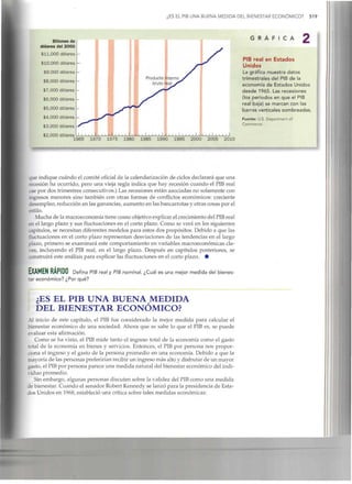 ¿ES EL PIB UNA BUENA MEDIDA DEL BIENESTAR ECONÓMICO? 519
Billones de
dólares del 2000
$11,000 dotares
$10,000 dólares
$9,000 dólares
$8,000 dólares -
$7,000 dólares -
$6,000 dólares -
$5,000 dólares -
$4,000 dólares -
$3,000 dólares
$2,000 dólares
G R Á F I C A
PIB real en Estados
Unidos
La gráfica muestra datos
trimestrales del PIB de la
economía de Estados Unidos
desde 1965. Lasrecesiones
(los periodos en que el PIB
real baja) se marcan con las
barras verticales sombreadas.
Fuente: U.S.Department oí
Commerce.
1965 1970 1975 1980 1985 1990 1995 2000 2005 2010
que indique cuándo el comité oficial de la calendarización de ciclos declarará que una
recesión ha ocurrido, pero una vieja regla indica que hay recesión cuando el PIBreal
cae por dos trimestres consecutivos.) Las recesiones están asociadas no solamente con
ingresos menores sino también con otras formas de conflictos económicos: creciente
desempleo, reducción en las ganancias, aumento en las bancarrotas y otras cosas por el
estilo.
Mucha de la macroeconomía tiene como objetivo explicarel crecimiento del PIBreal
en el largo plazo y sus fluctuacionesen el corto plazo. Como se verá en los siguientes
capítulos, se necesitan diferentes modelos para estos dos propósitos. Debido a que las
fluctuaciones en el corto plazo representan desviaciones de las tendencias en el largo
plazo, primero se examinará este comportamiento en variables macroeconómicas cla-
ves, incluyendo el PIB real, en el largo plazo. Después en capítulos posteriores, se
construirá este análisis para explicar lasfluctuacionesenelcorto plazo. •
EXAMEN RÁPIDO Defina PIB real y PIB nominal. ¿Cuál es una mejor medida del bienes-
tar económico? ¿Por qué?
¿ES EL PIB UNA BUENA MEDIDA
DEL BIENESTARECONÓMICO?
Al inicio de este capítulo, el PIB fue considerado la mejor medida para calcular el
bienestar económico de una sociedad. Ahora que se sabe lo que el PIB es, se puede
evaluar esta afirmación.
Como se ha visto, el PIB mide tanto el ingreso total de la economía como el gasto
total de la economía en bienes y servicios. Entonces, el PIB por persona nos propor-
ciona el ingreso y el gasto de la persona promedio en una economía. Debido a que la
mayoría de las personas preferirían recibir un ingreso más alto y disfrutar de un mayor
gasto, el PIBpor persona parece una medida natural del bienestar económico del indi-
viduo promedio.
Sin embargo, algunas personas discuten sobre la validez del PIBcomo una medida
de bienestar. Cuando el senador Robert Kennedy se lanzó para la presidencia de Esta-
dos Unidos en 1968, estableció una crítica sobre tales medidas económicas:
 