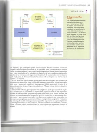 EL INGRESO Y EL GASTO DE UNA ECONOMÍA 509
Ingreso
= PIB) MERCADOS
DE BIENES
Y SERVICIOS
Salario, renta
y utilidades
(= PIB)
MERCADOS DE
LOS FACTORES
DE PRODUCCIÓN
Gasto
(=PIB)
Bienes
y servicios
comprados
HOGARES
Tierra, trabajo
y capital
Ingreso (=PIB)
—^. = Flujo de insumes
y productos
-•>- = Flujo monetario
G R Á F I C A
El diagrama del flujo
circular
Los hogares compran bienes
y servicios de las empre-
sas, y las empresas utilizan
el ingreso proveniente de
las ventas para pagar a los
trabajadores sus salarios,la
renta al terrateniente, así
como utilidades a los dueños
de la empresa. El PIB es igual
a la cantidad total gastada
por los hogares en el mer-
cado de bienes y servicios,
También iguala los salarios
totales, las rentas totales y
las utilidades totales de las
empresas en los mercados
de factores de producción.
los hogares y que los hogares gastan todo su ingreso. En esta economía, cuando los
hogares compran bienes y servicios de las empresas, estos gastos se mueven a través
de los mercados de bienes y servicios. Cuando las empresas usan el dinero que reciben
para pagar los salarios de los trabajadores, el alquiler de la tierra y las ganancias de los
dueños de las empresas, este ingreso circula a través de los mercados por los factores
de la producción. Eldinero continuamente se mueve de los hogares a las empresas y de
regreso a los hogares.
El PIB mide este flujo de dinero, y éste puede ser calculado para una economía de
dos maneras: sumando el gasto total de los hogares o sumando el ingreso total (sala-
rios, renta y ganancias) pagado por las empresas. Debido a que todo el gasto de la
economía termina siendo el ingreso de alguien, el PIB es el mismo sin importar cómo
es que se calcula.
La economía actual es, por supuesto, más complicada que la que se ilustra en la grá-
fica 1. Loshogares no gastan todo su ingreso; ellos pagan una parte de éste al gobierno
a través de los impuestos, y ahorran una parte para usarla en el futuro. Además, los
hogares no compran todos los bienes y los servicios producidos en la economía; algu-
nos bienes y servicios son comprados por el gobierno, y algunos son comprados por
las empresas que planean usarlos en el futuro para producir sus propios productos.
Sin embargo, la lección básica permanece igual: Sin importar si un hogar, el gobierno
o una empresa compra un bien o servicio, la transacción tiene un comprador y un ven-
dedor. Entonces, para la economía como un todo, el gasto y el ingreso son siempre lo
mismo.
 