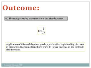 (c) The energy spacing increases as the box size decreases.
Application of this model up to a good approximation is pi-bonding electrons
in aromatics. Electronic transitions shifts to lower energies as the molecule
size increases.
Chemistry|Quantum_NKK
 
