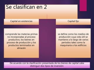 Se clasifican en 2
Capital en existencias Capital fijo
comprende las materias primas
no incorporadas al proceso
productivo, los bienes en
proceso de producción y los
productos terminados en
almacén
se define como los medios de
producción cuya vida útil se
mantiene a lo largo de varios
períodos tales como la
maquinaria o los edificios
De acuerdo con la clasificación presentada de los bienes de capital cabe
distinguir dos tipos de inversión:
 