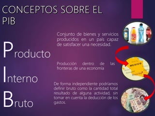 roducto
nterno
ruto
Conjunto de bienes y servicios
producidos en un país capaz
de satisfacer una necesidad.
Producción dentro de las
fronteras de una economía
De forma independiente podríamos
definir bruto como la cantidad total
resultado de alguna actividad, sin
tomar en cuenta la deducción de los
gastos.
 