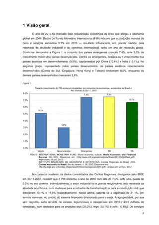1 Visão geral
           O ano de 2010 foi marcado pela recuperação econômica da crise que atingiu a economia
global em 2009. Dados do Fundo Monetário Internacional (FMI) indicam que a produção mundial de
bens e serviços aumentou 5,1% em 2010 — resultado influenciado, em grande medida, pela
retomada da atividade industrial e do comércio internacional, após um ano de recessão global.
Conforme demonstra a Figura 1, o conjunto dos países emergentes cresceu 7,4%, ante 3,0% de
crescimento médio dos países desenvolvidos. Dentre os emergentes, destaca-se o crescimento dos
países asiáticos em desenvolvimento (9,5%), capitaneados por China (10,4%) e Índia (10,1%). No
segundo grupo, representado pelos países desenvolvidos, os países asiáticos recentemente
desenvolvidos (Coreia do Sul, Cingapura, Hong Kong e Taiwan) cresceram 8,5%, enquanto os
demais países desenvolvidos cresceram 2,8%.

Figura 1

             Taxa de crescimento do PIB a preços constantes, por conjuntos de economias, acrescidos de Brasil e
                                                Rio Grande do Sul — 2010
8,0%
                                                              7,4%                   7,5%

7,0%                                                                                                        6,7%


6,0%
                5,1%
5,0%


4,0%
                                       3,0%
3,0%


2,0%


1,0%


0,0%
               Mundo               Desenvolvidos           Emergentes                 BR                      RS
       FONTE: INTERNATIONAL MONETARY FUND. World economic outlook. World Economic and Financial
              Surveys, Oct 2012. Disponível em: <http://www.imf.org/external/pubs/ft/weo/2012/02/pdf/text.pdf>.
              Acesso em: 22 nov. 2012.
              INSTITUTO BRASILEIRO DE GEOGRAFIA E ESTATÍSTICA. Contas Regionais do Brasil: 2010.
              Contas Nacionais do Brasil, Rio de Janeiro, n. 38, 2012. Disponível em:
              <ftp://ftp.ibge.gov.br/Contas_Regionais/2010/contasregionais2010.pdf>. Acesso em: 22 nov. 2012.


           No contexto brasileiro, os dados consolidados das Contas Regionais, divulgados pelo IBGE
em 23.11.2012, revelam que o PIB encerrou o ano de 2010 com alta de 7,5%, ante uma queda de
0,3% no ano anterior. Individualmente, o setor industrial foi o grande responsável pela retomada da
atividade econômica, com destaque para a indústria de transformação e para a construção civil, que
cresceram 10,1% e 11,6% respectivamente. Nesta última, salienta-se a expansão de 31,1%, em
termos nominais, do crédito do sistema financeiro direcionado para o setor. A agropecuária, por sua
vez, registrou safra recorde de cereais, leguminosas e oleaginosas em 2010 (149,5 milhões de
toneladas), com destaque para os produtos soja (20,2%), trigo (20,1%) e café (17,6%). Os serviços

                                                                                                                   2
 
