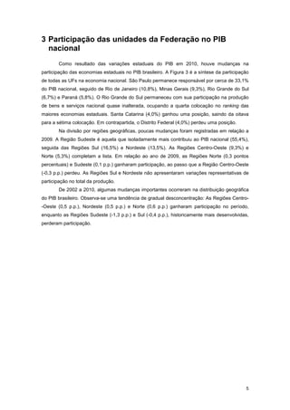 3 Participação das unidades da Federação no PIB
  nacional
       Como resultado das variações estaduais do PIB em 2010, houve mudanças na
participação das economias estaduais no PIB brasileiro. A Figura 3 é a síntese da participação
de todas as UFs na economia nacional. São Paulo permanece responsável por cerca de 33,1%
do PIB nacional, seguido de Rio de Janeiro (10,8%), Minas Gerais (9,3%), Rio Grande do Sul
(6,7%) e Paraná (5,8%). O Rio Grande do Sul permaneceu com sua participação na produção
de bens e serviços nacional quase inalterada, ocupando a quarta colocação no ranking das
maiores economias estaduais. Santa Catarina (4,0%) ganhou uma posição, saindo da oitava
para a sétima colocação. Em contrapartida, o Distrito Federal (4,0%) perdeu uma posição.
       Na divisão por regiões geográficas, poucas mudanças foram registradas em relação a
2009. A Região Sudeste é aquela que isoladamente mais contribuiu ao PIB nacional (55,4%),
seguida das Regiões Sul (16,5%) e Nordeste (13,5%). As Regiões Centro-Oeste (9,3%) e
Norte (5,3%) completam a lista. Em relação ao ano de 2009, as Regiões Norte (0,3 pontos
percentuais) e Sudeste (0,1 p.p.) ganharam participação, ao passo que a Região Centro-Oeste
(-0,3 p.p.) perdeu. As Regiões Sul e Nordeste não apresentaram variações representativas de
participação no total da produção.
       De 2002 a 2010, algumas mudanças importantes ocorreram na distribuição geográfica
do PIB brasileiro. Observa-se uma tendência de gradual desconcentração: As Regiões Centro-
-Oeste (0,5 p.p.), Nordeste (0,5 p.p.) e Norte (0,6 p.p.) ganharam participação no período,
enquanto as Regiões Sudeste (-1,3 p.p.) e Sul (-0,4 p.p.), historicamente mais desenvolvidas,
perderam participação.




                                                                                            5
 
