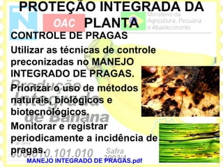 PROTEÇÃO INTEGRADA DA
        PLANTA
CONTROLE DE PRAGAS
Utilizar as técnicas de controle
preconizadas no MANEJO
INTEGRADO DE PRAGAS.
Priorizar o uso de métodos
naturais, biológicos e
biotecnológicos.
Monitorar e registrar
periodicamente a incidência de
pragas.
   MANEJO INTEGRADO DE PRAGAS.pdf
 