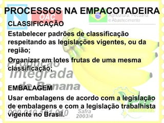 PROCESSOS NA EMPACOTADEIRA
CLASSIFICAÇÃO
Estabelecer padrões de classificação
respeitando as legislações vigentes, ou da
região;
Organizar em lotes frutas de uma mesma
classificação;

EMBALAGEM
Usar embalagens de acordo com a legislação
de embalagens e com a legislação trabalhista
vigente no Brasil.
 