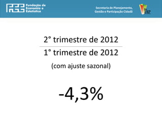 Secretaria de Planejamento,
                                                             Gestão e Participação Cidadã




    2° trimestre de 2012
____________________________________________________________________________________________



    1° trimestre de 2012
            (com ajuste sazonal)



                    -4,3%
 