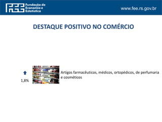 www.fee.rs.gov.br
DESTAQUE POSITIVO NO COMÉRCIO
1,8%
Artigos farmacêuticos, médicos, ortopédicos, de perfumaria
e cosméticos
 