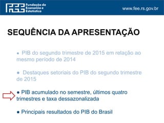 www.fee.rs.gov.br
● PIB do segundo trimestre de 2015 em relação ao
mesmo período de 2014
● Destaques setoriais do PIB do segundo trimestre
de 2015
● PIB acumulado no semestre, últimos quatro
trimestres e taxa dessazonalizada
● Principais resultados do PIB do Brasil
SEQUÊNCIA DA APRESENTAÇÃO
 