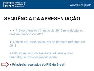 www.fee.rs.gov.br
● ● PIB do primeiro trimestre de 2015 em relação ao
mesmo período de 2014
● Destaques setoriais do PIB do primeiro trimestre de
2015
● PIB acumulado no semestre, últimos quatro
trimestres e taxa dessazonalizada
● Principais resultados do PIB do Brasil
SEQUÊNCIA DA APRESENTAÇÃO
 