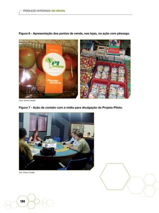 PRODUÇÃO INTEGRADA NO BRASIL
104
Figura 6 - Apresentação dos pontos de venda, nas lojas, na ação com pêssego.
Figura 7 - Ação de contato com a mídia para divulgação do Projeto-Piloto.
Fotos: Viviane Zanella.
Foto: Viviane Zanella.
 