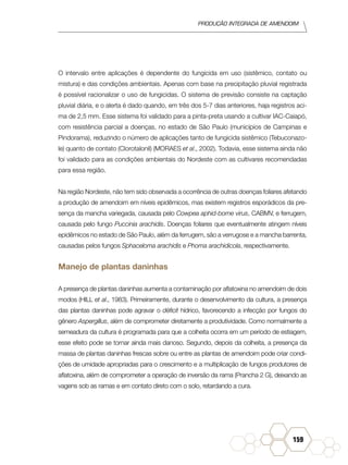 Produção Integrada de amendoim
159
O intervalo entre aplicações é dependente do fungicida em uso (sistêmico, contato ou
mistura) e das condições ambientais. Apenas com base na precipitação pluvial registrada
é possível racionalizar o uso de fungicidas. O sistema de previsão consiste na captação
pluvial diária, e o alerta é dado quando, em três dos 5-7 dias anteriores, haja registros aci-
ma de 2,5 mm. Esse sistema foi validado para a pinta-preta usando a cultivar IAC-Caiapó,
com resistência parcial a doenças, no estado de São Paulo (municípios de Campinas e
Pindorama), reduzindo o número de aplicações tanto de fungicida sistêmico (Tebuconazo-
le) quanto de contato (Clorotalonil) (MORAES et al., 2002). Todavia, esse sistema ainda não
foi validado para as condições ambientais do Nordeste com as cultivares recomendadas
para essa região.
Na região Nordeste, não tem sido observada a ocorrência de outras doenças foliares afetando
a produção de amendoim em níveis epidêmicos, mas existem registros esporádicos da pre-
sença da mancha variegada, causada pelo Cowpea aphid-borne virus, CABMV, e ferrugem,
causada pelo fungo Puccinia arachidis. Doenças foliares que eventualmente atingem níveis
epidêmicos no estado de São Paulo, além da ferrugem, são a verrugose e a mancha barrenta,
causadas pelos fungos Sphaceloma arachidis e Phoma arachidicola, respectivamente.
Manejo de plantas daninhas
A presença de plantas daninhas aumenta a contaminação por aflatoxina no amendoim de dois
modos (HILL et al., 1983). Primeiramente, durante o desenvolvimento da cultura, a presença
das plantas daninhas pode agravar o déficit hídrico, favorecendo a infecção por fungos do
gênero Aspergillus, além de comprometer diretamente a produtividade. Como normalmente a
semeadura da cultura é programada para que a colheita ocorra em um período de estiagem,
esse efeito pode se tornar ainda mais danoso. Segundo, depois da colheita, a presença da
massa de plantas daninhas frescas sobre ou entre as plantas de amendoim pode criar condi-
ções de umidade apropriadas para o crescimento e a multiplicação de fungos produtores de
aflatoxina, além de comprometer a operação de inversão da rama (Prancha 2 G), deixando as
vagens sob as ramas e em contato direto com o solo, retardando a cura.
 