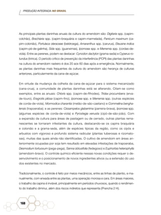 PRODUÇÃO INTEGRADA NO BRASIL
160
As principais plantas daninhas anuais da cultura do amendoim são: Digitaria spp. (capim-
colchão), Brachiaria spp. (capim-braquiária e capim-marmelada), Panicum maximum (ca-
pim-colonião), Portulaca oleraceae (beldroega), Amaranthus spp. (carurus), Eleusine indica
(capim-pé-de-galinha), Sida spp. (guanximas), Ipomoea spp. e Merremia spp. (cordas-de-
viola). Entre as perenes, podem-se destacar: Cynodon dactylon (grama-seda) e Cyperus ro-
tundus (tiririca). O período crítico de prevenção da interferência (PCPI) das plantas daninhas
na cultura do amendoim rasteiro é dos 20 aos 60 dias após a emergência. Normalmente,
as plantas daninhas mais frequentes da cultura do amendoim são herança de culturas
anteriores, particularmente da cana-de-açúcar.
Em virtude da mudança da colheita da cana-de-açúcar para o sistema mecanizado
(cana-crua), a comunidade de plantas daninhas está se alterando. Citam-se como
exemplos, entre as anuais: Chloris spp. (capim-de-Rhodes), Tridax procumbens (erva-
de-touro), Eragrotis pilosa (capim-fino), Ipomoea spp. e Merremia spp. (outras espécies
de corda-de-viola), Mormodica charantia (melão-de-são-caetano) e Commelina bengha-
lensis (trapoeraba); e as perenes: Cissampelos glaberrima (parreira-brava), Ipomoea spp.
(algumas espécies de corda-de-viola) e Pyrostegia venusta (cipó-de-são-joão). Com
a expansão da cultura para áreas de pastagem ou de cerrado, outras plantas rema-
nescentes se tornaram infestantes da cultura, destacando-se os capins braquiária
e colonião e a grama-seda, além de espécies típicas da região, como os cipós e
arbustos com vigoroso e profundo sistema radicular (plantas tuberosas e rizomato-
sas), muitas das quais ainda não identificadas. O cultivo de amendoim em áreas an-
teriormente ocupadas por soja tem resultado em elevadas infestações de trapoeraba,
Desmodium tortuosum (pega-pega), Senna obtusifolia (fedegoso) e Euphorbia heterophylla
(amendoim-bravo). O controle químico eficiente nessas novas condições requer o de-
senvolvimento e o posicionamento de novos ingredientes ativos ou a extensão do uso
dos existentes no mercado.
Tradicionalmente, o controle é feito por meios mecânicos, entre as linhas de plantio, e ma-
nualmente, com enxada entre as plantas, uma operação morosa e cara. Em áreas maiores,
o trabalho da capina é inviável, principalmente em períodos chuvosos, quando o rendimen-
to do trabalho diminui, além dos riscos indiretos que representa (Prancha 2 H).
 