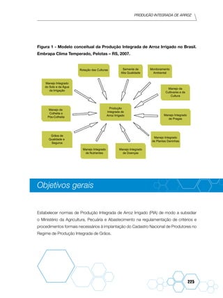 Produção Integrada de arroz
225
Figura 1 - Modelo conceitual da Produção Integrada de Arroz Irrigado no Brasil.
Embrapa Clima Temperado, Pelotas – RS, 2007.
Rotação das Culturas Semente de
Alta Qualidade
Monitoramento
Ambiental
Manejo da
Cultivares e da
Cultura
Manejo Integrado
de Pragas
Manejo Integrado
de Plantas Daninhas
Manejo Integrado
de Doenças
Manejo Integrado
de Nutrientes
Grãos de
Qualidade e
Seguros
Manejo da
Colheita e
Pós-Colheita
Manejo Integrado
do Solo e da Água
da Irrigação
Produção
Integrada de
Arroz Irrigado
Objetivos gerais
Estabelecer normas de Produção Integrada de Arroz Irrigado (PIA) de modo a subsidiar
o Ministério da Agricultura, Pecuária e Abastecimento na regulamentação de critérios e
procedimentos formais necessários à implantação do Cadastro Nacional de Produtores no
Regime de Produção Integrada de Grãos. 	
 