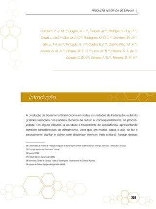 Produção Integrada de banana
239
Cordeiro, Z. J. M.24
; Borges, A. L.25
; Fancelli, M.25
; Ritzinger, C. H. S. P. 25
;
Souza, L. da S.25
; Dias, M. S. C.26
; Rodrigues, M. G. V.26
; Monteiro, W. B.27
;
Silva, J. T. A. da 26
; Trindade, A. V.25
; Coelho, E. F. 25
; Coelho Filho, M. A.25
;
Accioly, A. M. A.25
; Pereira, M. E. C.25
; Lima, M. B.25
; Oliveira, S. L. de 25
;
Corsato, C. D. A.28
; Oliveira, A. S.29
; Ferreira, D. M. V.29
Introdução
A produção de banana no Brasil ocorre em todas as unidades da Federação, exibindo
grandes variações nos padrões técnicos de cultivo e, consequentemente, na produti-
vidade. Em alguns estados, a atividade é tipicamente de subsistência, apresentando
também características de extrativismo, visto que em muitos casos o que se faz é
basicamente plantar e colher sem dispensar nenhum trato cultural. Apesar dessas
24 Coordenador do Projeto de Produção Integrada de Banana para o Norte de Minas Gerais, Embrapa Mandioca e Fruticultura Tropical.
25 Embrapa Mandioca e Fruticultura Tropical.	
26 Epamig/CTNM.	
27 Instituto Mineiro Agropecuário (IMA).	
28 Unimontes, Centro de Ciências Exatas e Tecnológicas; Departamento de Ciências Agrárias.	
29 Agência de Defesa Agropecuária da Bahia (ADAB).	
 