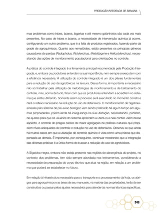 Produção Integrada de banana
243
mas problemas como tripes, ácaros, lagartas e até mesmo gafanhotos são cada vez mais
presentes. No caso de tripes e ácaros, a necessidade de intervenção química já ocorre,
configurando um outro problema, que é a falta de produtos registrados, fazendo parte da
grade de agroquímicos. Quanto aos nematóides, estão presentes os principais gêneros
causadores de perdas (Radopholus, Rotylenchus, Meloidogyne e Helicotylenchus), neces-
sitando das ações de monitoramento populacional para orientações no controle.
A prática do controle integrado é a ferramenta principal recomendada pela Produção Inte-
grada, e, embora os produtores entendam a sua importância, nem sempre a executam com
a eficiência necessária. A utilização do controle integrado é um dos pilares fundamentais
para a redução do uso de agrotóxicos na lavoura. Dessa forma, é importante e necessário
não só trabalhar pela utilização de metodologias de monitoramento e de balizamento do
controle, mas, acima de tudo, fazer com que os produtores entendam e acreditem no siste-
ma que estão utilizando. Somente assim o processo será executado no momento correto e
dará o reflexo necessário na redução do uso de defensivos. O monitoramento de Sigatoka-
amarela pelo sistema de pré-aviso biológico vem sendo praticado há algum tempo em algu-
mas propriedades, porém ainda há insegurança na sua utilização, necessitando, portanto,
de ajustes para que os usuários do sistema aprendam a utilizá-lo e nele confiar. Além desse
aspecto, o controle de pragas carece de maior agregação de práticas culturais que propi-
ciem níveis adequados de controle e redução no uso de defensivos. Observa-se que ainda
há muitos casos em que a utilização do controle químico é vista como uma prática que dis-
pensaria as demais. É importante, por conseguinte, continuar mostrando que a integração
das diversas práticas é a única forma de buscar a redução do uso de agrotóxicos.
A Sigatoka-negra, embora não esteja presente nas regiões de abrangência do projeto, no
contexto dos problemas, tem sido sempre abordada nos treinamentos, considerando a
necessidade de preparação do corpo técnico que atua na região, em relação a um proble-
ma que poderá se estabelecer no futuro.
Em relação à infraestrutura necessária para o transporte e o processamento da fruta, os abri-
gos para agroquímicos e as áreas de seu manuseio, na maioria das propriedades, terão de ser
construídos ou passar pelos ajustes necessários para atender às normas técnicas específicas.
 