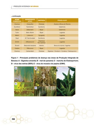 PRODUÇÃO INTEGRADA NO BRASIL
258
NOME
COMERCIAL
INGREDIENTE
ATIVO
EMPRESA PRAGA-ALVO
Diversos Clorpyrifos Diversas Ácaros e Broca do Rizoma
Sumithion Fenitrothion Sumitomo Gafanhoto
Decis Deltametrin Bayer Gafanhoto
Turbo Beta-ciflutrin Bayer Lagartas
Match Lufenuron Syngenta Lagartas
Dipel B.T.Var.Kursitaki Sumitomo Lagartas
Dimilin Diflubenzuron
Chemtura
Ind. Química
Lagartas
Boveril Beauveria bassiana Itaforte Broca do rizoma / lagartas
Certero Triflumuron Bayer Lagartas
Diversos Carbendazin Diversas Sigatoka / Cloridium / Cordana / Cladosporium
Figura 1 - Principais problemas de doença nas áreas de Produção Integrada de
Banana: A - Sigatoka-amarela; B - mal-do-panamá; C - mancha de Cladosporium;
D - vírus das estrias (BSV); E - vírus do mosaico do pepino (CMV).
...continuação
A B
C
D
E
 