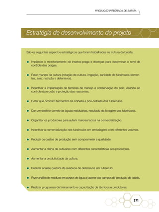 Produção Integrada de batata
271
Estratégia de desenvolvimento do projeto
São os seguintes aspectos estratégicos que foram trabalhados na cultura da batata.
•	Implantar o monitoramento de insetos-praga e doenças para determinar o nível de
controle das pragas.
•	Fator manejo da cultura (rotação de cultura, irrigação, sanidade de tubérculos-semen-
tes, solo, nutrição e defensivos).
•	Incentivar a implantação de técnicas de manejo e conservação do solo, visando ao
controle da erosão e proteção das nascentes.
•	Evitar que ocorram ferimentos na colheita e pós-colheita dos tubérculos.
•	Dar um destino correto às águas residuárias, resultado da lavagem dos tubérculos.
•	Organizar os produtores para auferir maiores lucros na comercialização.
•	Incentivar a comercialização dos tubérculos em embalagens com diferentes volumes.
•	Reduzir os custos de produção sem comprometer a qualidade.
•	Aumentar a oferta de cultivares com diferentes características aos produtores.
•	Aumentar a produtividade da cultura.
•	Realizar análise química de resíduos de defensivos em tubérculo.
•	Fazer análise de resíduos em corpos de água a jusante dos campos de produção de batata.
•	Realizar programas de treinamento e capacitação de técnicos e produtores.
 