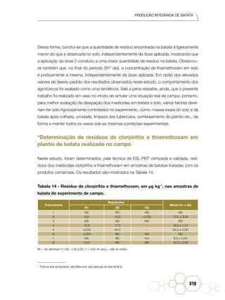 Produção Integrada de batata
319
Dessa forma, conclui-se que a quantidade de resíduo encontrada na batata é ligeiramente
menor do que a observada no solo, independentemente da dose aplicada, mostrando que
a aplicação da dose 2 conduziu a uma maior quantidade de resíduo na batata. Observou-
se também que, no final do período (91º dia), a concentração de thiamethoxam em solo
é praticamente a mesma, independentemente da dose aplicada. Em razão dos elevados
valores de desvio-padrão dos resultados observados neste estudo, o comportamento dos
agrotóxicos foi avaliado como uma tendência. Vale a pena ressaltar, ainda, que o presente
trabalho foi realizado em vaso no intuito de simular uma situação real de campo; portanto,
para melhor avaliação da dissipação dos inseticidas em batata e solo, vários fatores deve-
riam ter sido rigorosamente controlados no experimento, como: massa exata do solo e da
batata após colheita, umidade, limpeza dos tubérculos, sombreamento do plantio etc., de
forma a manter todos os vasos sob as mesmas condições experimentais.
*Determinação de resíduos de clorpirifós e thiamethoxam em
plantio de batata realizado no campo38
Neste estudo, foram determinados, pela técnica de ESL-PBT otimizada e validada, resí-
duos dos inseticidas clorpirifós e thiamethoxam em amostras de batatas tratadas com os
produtos comerciais. Os resultados são mostrados na Tabela 14.
Tabela 14 - Resíduo de clorpirifós e thiamethoxam, em μg kg-1
, nas amostras de
batata do experimento de campo.
Tratamentos
Repetições
Média (m ± dp)
R1 R2 R3
1 ND ND ND ND
2 8,0 13,0 <LOQ 10,5 ± 3,54
3 ND ND ND ND
4 15,0 17,0 - 16,0 ± 1,41
5 <LOQ 84,0 - 84,0 ± 0,00
6 <LOQ ND ND ND
7 ND ND 6,0 6,0 ± 0,00
8 15,0 ND ND 15,0 ± 0,00
ND = não detectado (Y<LOD); <LOQ (LOD< Y < LOQ); em que y = valor do resíduo.
*	 Parte da tese da estudante Leila Bittencourt, para obtenção do título de M.Sc.
 