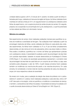 PRODUÇÃO INTEGRADA NO BRASIL
380
umidade relativa superior a 95 %. O inóculo de H. vastatrix, foi obtido a partir de folhas in-
fectadas pelo fungo, coletados em lavouras da região de Viçosa. As folhas coletadas foram
mantidas em câmara úmida por 24 h, em seguida tiveram os uredósporos coletados sobre
folhas de papel branco, com a ajuda de pincel de cerdas de pelo de camelo. Em seguida,
preparou-se a suspensão na concentração de 2 g de uredósporos/L, a qual foi pulverizada
na face adaxial das folhas com atomizador manual.
Métodos de avaliação
Nos experimentos de campo, foram realizadas avaliações mensais para quantificar os va-
lores de incidência e severidade da ferrugem. Tais avaliações foram realizadas a partir da
amostragem destrutiva de folhas, sendo coletadas dez folhas em cada planta das unida-
des experimentais. As folhas foram coletadas no 3º ou 4º par de folhas completamente
desenvolvidas, em dez ramos em torno de cada planta, entre o seu terço médio e o inferior.
Para avaliar a incidência, quantificou-se o número de folhas que apresentavam pústulas
com uredósporos visíveis. A severidade foi avaliada a partir da porcentagem de área foliar
com pústulas esporuladas, baseada na escala desenvolvida por Kushalappa & Chaves
(1978) (Figura 1). Os valores de severidade apresentados representam o somatório total
da porcentagem de área foliar de cada folha em um conjunto de cem folhas, ou seja, esse
somatório pode ultrapassar o valor de 100%. A partir dessas amostras foram avaliadas
também as incidências da mancha-de-olho-pardo e de manchas-de-phoma. Em cada
amostra, foi considerado o número total de manchas presentes de cada uma dessas do-
enças com seus respectivos valores de severidade.
No ensaio com mudas, para a avaliação da relação das doses de potássio com o patos-
sistema H. vastatrix e C. arabica, foram realizadas avaliações a cada sete dias, entre o 20º
e 62º dias após a inoculação, onde se quantificou a incidência e a severidade da doença,
e também, a senescência das folhas inoculadas. A severidade da doença foi avaliada com
o auxílio da escala desenvolvida por Eskes & Toma-Braghini em 1981 (Figura 2).
 