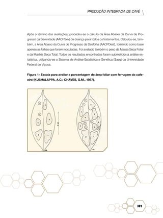 PRODUÇÃO INTEGRADA DE CAFÉ
381
Após o término das avaliações, procedeu-se o cálculo da Área Abaixo da Curva de Pro-
gresso da Severidade (AACPSev) da doença para todos os tratamentos. Calculou-se, tam-
bém, a Área Abaixo da Curva de Progresso da Desfolha (AACPDesf), tomando como base
apenas as folhas que foram inoculadas. Foi avaliado também o peso da Massa Seca Foliar
e da Matéria Seca Total. Todos os resultados encontrados foram submetidos à análise es-
tatística, utilizando-se o Sistema de Análise Estatística e Genética (Saeg) da Universidade
Federal de Viçosa.
Figura 1- Escala para avaliar a porcentagem de área foliar com ferrugem do cafe-
eiro (KUSHALAPPA, A.C.; CHAVES, G.M., 1987).
 