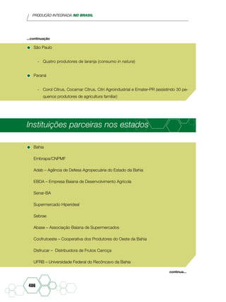 PRODUÇÃO INTEGRADA NO BRASIL
486
•	São Paulo
-	 Quatro produtores de laranja (consumo in natura)
•	Paraná
-	 Corol Citrus, Cocamar Citrus, Citri Agroindustrial e Emater-PR (assistindo 30 pe-
quenos produtores de agricultura familiar)
Instituições parceiras nos estados
•	Bahia
Embrapa/CNPMF
Adab – Agência de Defesa Agropecuária do Estado da Bahia
EBDA – Empresa Baiana de Desenvolvimento Agrícola
Senar-BA
Supermercado Hiperideal
Sebrae
Abase – Associação Baiana de Supermercados
Coofrutoeste – Cooperativa dos Produtores do Oeste da Bahia
Disfrucar – Distribuidora de Frutos Carroça
UFRB – Universidade Federal do Recôncavo da Bahia
...continuação
continua...
 