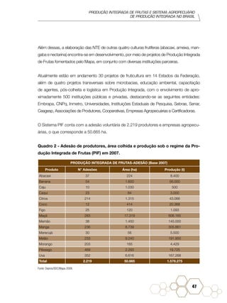 PRODUÇÃO INTEGRADA DE FRUTAS E SISTEMA AGROPECUÁRIO
DE PRODUÇÃO INTEGRADA NO BRASIL
47
Além dessas, a elaboração das NTE de outras quatro culturas frutíferas (abacaxi, ameixa, man-
gaba e nectarina) encontra-se em desenvolvimento, por meio de projetos de Produção Integrada
de Frutas fomentados pelo Mapa, em conjunto com diversas instituições parceiras.
Atualmente estão em andamento 30 projetos de fruticultura em 14 Estados da Federação,
além de quatro projetos transversais sobre microbacias, educação ambiental, capacitação
de agentes, pós-colheita e logística em Produção Integrada, com o envolvimento de apro-
ximadamente 500 instituições públicas e privadas, destacando-se as seguintes entidades:
Embrapa, CNPq, Inmetro, Universidades, Instituições Estaduais de Pesquisa, Sebrae, Senar,
Ceagesp, Associações de Produtores, Cooperativas, Empresas Agropecuárias e Certificadoras.
O Sistema PIF conta com a adesão voluntária de 2.219 produtores e empresas agropecu-
árias, o que corresponde a 50.665 ha.
Quadro 2 - Adesão de produtores, área colhida e produção sob o regime da Pro-
dução Integrada de Frutas (PIF) em 2007.
PRODUÇÃO INTEGRADA DE FRUTAS-ADESÃO (Base 2007)
Produto N° Adesões Área (ha) Produção (t)
Abacaxi 37 224 8.400
Banana 54 1.600 56.000
Caju 10 1.030 500
Caqui 23 84 3.000
Citros 214 1.315 43.066
Coco 12 414 20.368
Figo 25 120 1.093
Maçã 283 17.319 606.165
Mamão 38 1.450 145.000
Manga 236 8.739 305.861
Maracujá 30 56 5.500
Melão 233 9.240 191.900
Morango 203 165 4.429
Pêssego 469 2.293 19.725
Uva 352 6.616 167.268
Total 2.219 50.665 1.578.275
Fonte: Depros/SDC/Mapa-2008.
 