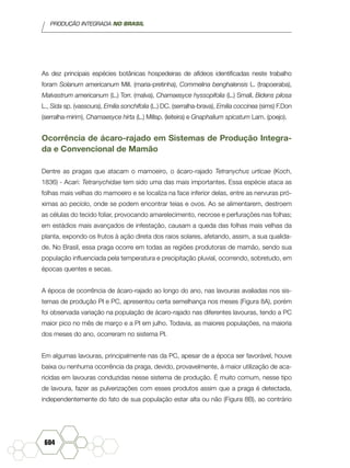 PRODUÇÃO INTEGRADA NO BRASIL
604
As dez principais espécies botânicas hospedeiras de afídeos identificadas neste trabalho
foram Solanum americanum Mill. (maria-pretinha), Commelina benghalensis L. (trapoeraba),
Malvastrum americanum (L.) Torr. (malva), Chamaesyce hyssopifolia (L.) Small, Bidens pilosa
L., Sida sp. (vassoura), Emilia sonchifolia (L.) DC. (serralha-brava), Emilia coccinea (sims) F.Don
(serralha-mirim), Chamaesyce hirta (L.) Millsp. (leiteira) e Gnaphalium spicatum Lam. (poejo).
Ocorrência de ácaro-rajado em Sistemas de Produção Integra-
da e Convencional de Mamão
Dentre as pragas que atacam o mamoeiro, o ácaro-rajado Tetranychus urticae (Koch,
1836) - Acari: Tetranychidae tem sido uma das mais importantes. Essa espécie ataca as
folhas mais velhas do mamoeiro e se localiza na face inferior delas, entre as nervuras pró-
ximas ao pecíolo, onde se podem encontrar teias e ovos. Ao se alimentarem, destroem
as células do tecido foliar, provocando amarelecimento, necrose e perfurações nas folhas;
em estádios mais avançados de infestação, causam a queda das folhas mais velhas da
planta, expondo os frutos à ação direta dos raios solares, afetando, assim, a sua qualida-
de. No Brasil, essa praga ocorre em todas as regiões produtoras de mamão, sendo sua
população influenciada pela temperatura e precipitação pluvial, ocorrendo, sobretudo, em
épocas quentes e secas.
A época de ocorrência de ácaro-rajado ao longo do ano, nas lavouras avaliadas nos sis-
temas de produção PI e PC, apresentou certa semelhança nos meses (Figura 8A), porém
foi observada variação na população de ácaro-rajado nas diferentes lavouras, tendo a PC
maior pico no mês de março e a PI em julho. Todavia, as maiores populações, na maioria
dos meses do ano, ocorreram no sistema PI.
Em algumas lavouras, principalmente nas da PC, apesar de a época ser favorável, houve
baixa ou nenhuma ocorrência da praga, devido, provavelmente, à maior utilização de aca-
ricidas em lavouras conduzidas nesse sistema de produção. É muito comum, nesse tipo
de lavoura, fazer as pulverizações com esses produtos assim que a praga é detectada,
independentemente do fato de sua população estar alta ou não (Figura 8B), ao contrário
 