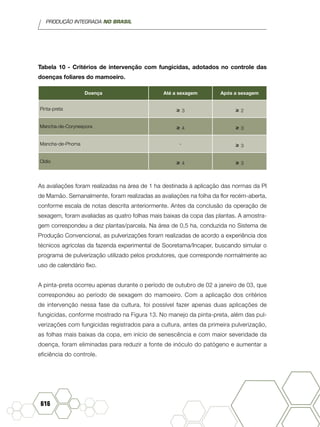 PRODUÇÃO INTEGRADA NO BRASIL
616
Tabela 10 - Critérios de intervenção com fungicidas, adotados no controle das
doenças foliares do mamoeiro.
Doença Até a sexagem Após a sexagem
Pinta-preta ≥ 3 ≥ 2
Mancha-de-Corynespora ≥ 4 ≥ 3
Mancha-de-Phoma - ≥ 3
Oídio ≥ 4 ≥ 3
As avaliações foram realizadas na área de 1 ha destinada à aplicação das normas da PI
de Mamão. Semanalmente, foram realizadas as avaliações na folha da flor recém-aberta,
conforme escala de notas descrita anteriormente. Antes da conclusão da operação de
sexagem, foram avaliadas as quatro folhas mais baixas da copa das plantas. A amostra-
gem correspondeu a dez plantas/parcela. Na área de 0,5 ha, conduzida no Sistema de
Produção Convencional, as pulverizações foram realizadas de acordo a experiência dos
técnicos agrícolas da fazenda experimental de Sooretama/Incaper, buscando simular o
programa de pulverização utilizado pelos produtores, que corresponde normalmente ao
uso de calendário fixo.
A pinta-preta ocorreu apenas durante o período de outubro de 02 a janeiro de 03, que
correspondeu ao período de sexagem do mamoeiro. Com a aplicação dos critérios
de intervenção nessa fase da cultura, foi possível fazer apenas duas aplicações de
fungicidas, conforme mostrado na Figura 13. No manejo da pinta-preta, além das pul-
verizações com fungicidas registrados para a cultura, antes da primeira pulverização,
as folhas mais baixas da copa, em início de senescência e com maior severidade da
doença, foram eliminadas para reduzir a fonte de inóculo do patógeno e aumentar a
eficiência do controle.
 