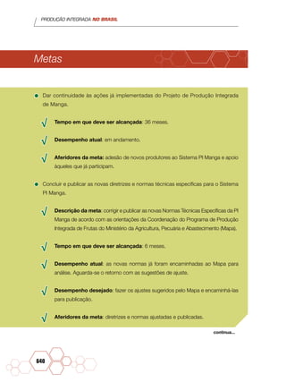 PRODUÇÃO INTEGRADA NO BRASIL
640
Metas
•	Dar continuidade às ações já implementadas do Projeto de Produção Integrada
de Manga.
√√ Tempo em que deve ser alcançada: 36 meses.
√√ Desempenho atual: em andamento.
√√ Aferidores da meta: adesão de novos produtores ao Sistema PI Manga e apoio
àqueles que já participam.
•	Concluir e publicar as novas diretrizes e normas técnicas específicas para o Sistema
PI Manga.
√√ Descrição da meta: corrigir e publicar as novas Normas Técnicas Específicas da PI
Manga de acordo com as orientações da Coordenação do Programa de Produção
Integrada de Frutas do Ministério da Agricultura, Pecuária e Abastecimento (Mapa).
√√ Tempo em que deve ser alcançada: 6 meses.
√√ Desempenho atual: as novas normas já foram encaminhadas ao Mapa para
análise. Aguarda-se o retorno com as sugestões de ajuste.
√√ Desempenho desejado: fazer os ajustes sugeridos pelo Mapa e encaminhá-las
para publicação.
√√ Aferidores da meta: diretrizes e normas ajustadas e publicadas.
continua...
 