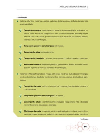 Produção Integrada de manga
641
•	Elaborar, difundir e implantar o uso de cadernos de campo e pós-colheita, para permitir
a rastreabilidade.
√√ Descrição da meta: implantação do sistema de rastreabilidade, aplicado a to-
das as fases da cultura, integrando-o com outras informações tecnológicas por
meio de banco de dados que envolvam todos os aspectos do itinerário técnico,
visando a futura certificação.
√√ Tempo em que deve ser alcançada: 36 meses.
√√ Desempenho atual: em andamento.
√√ Desempenho desejado: cadernos de campo sendo utilizados pelos produtores.
√√ Aferidores da meta: sistema implantado, permitindo o acesso ao banco de da-
dos dos registros e início do processo de certificação.
•	Implantar o Manejo Integrado de Pragas e Doenças nas áreas cultivadas com mangas,
envolvendo sistemas de alerta, monitoramento e controle, visando à redução de agro-
tóxicos.
√√ Descrição da meta: reduzir o número de pulverizações efetuadas durante o
ciclo da cultura.
√√ Tempo em que deve ser alcançada: 36 meses.
√√ Desempenho atual: o controle químico realizado nos pomares não é baseado
no monitoramento de pragas e doenças.
√√ Aferidores da meta: o controle químico será realizado com base no monitora-
mento de pragas e doenças, reduzindo-se o número de pulverizações na cultura.
continua...
...continuação
 